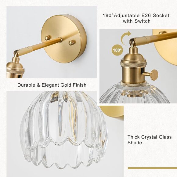 Wall Sconces Set of Two Hardwired, Vintage Sconce Light -Tulip Transparent Glass - Picture 3 of 8